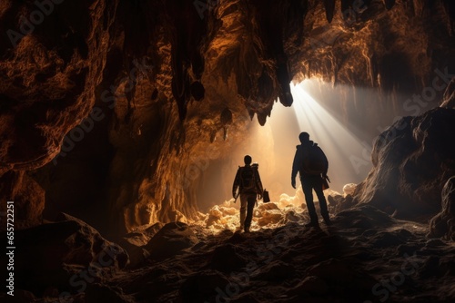 A couple standing together inside a cave. This image can be used to depict exploration, adventure, or even a romantic getaway.