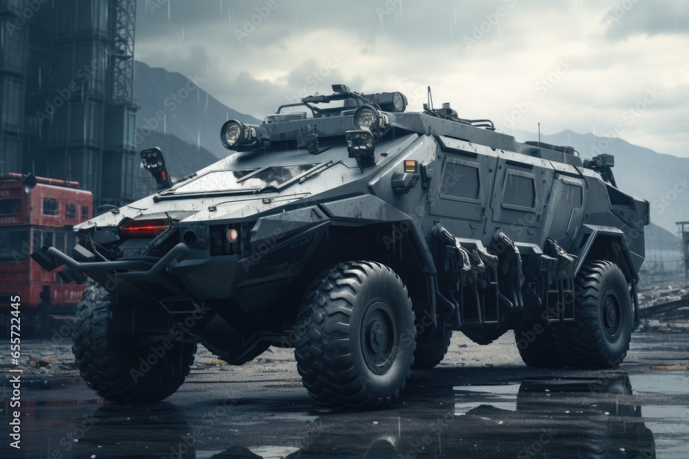 A military vehicle parked in the rain. Suitable for military, army, vehicle, weather, and outdoor themes. A military vehicle parked in the rain. Suitable for military, army, vehicle, weather, and outdoor themes.