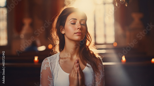 Young woman is praying to God in church. Conception of faith