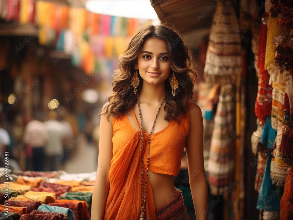 Vibrancy of Indian Fashion in Radiant Indian Girl Amidst Bustling Historic Market