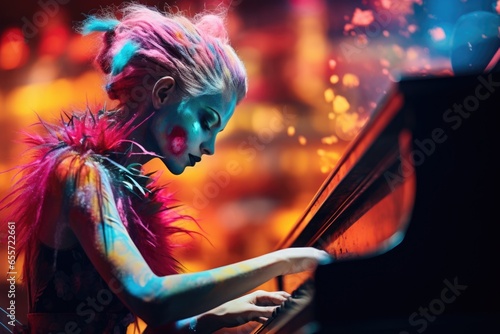 A woman with vibrant pink hair playing a piano. This image captures the joy and passion of music. Perfect for music-related projects and advertisements.