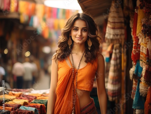 Vibrancy of Indian Fashion in Radiant Indian Girl Amidst Bustling Historic Market © Usablestores