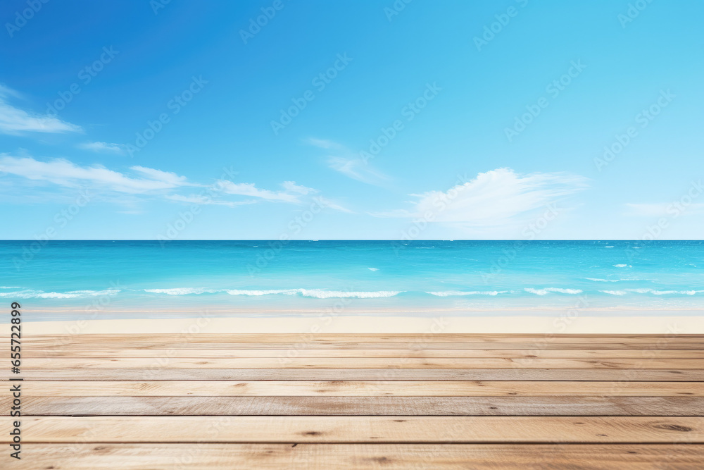 Empty wooden table with blurred beach background. Table top product display showcase stage. Image ready for montage your text or product. 