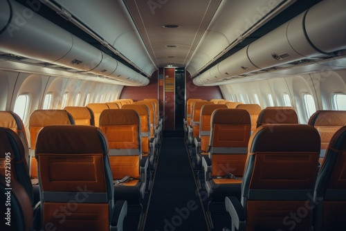 A row of empty seats in an airplane. Suitable for travel-related designs and concepts.