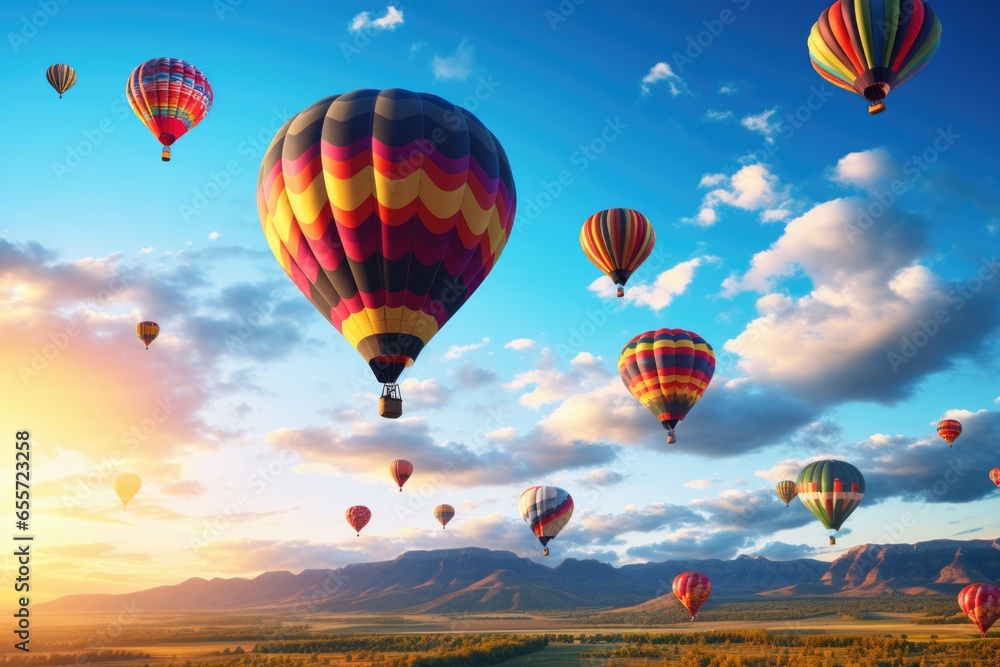 Obraz premium A group of hot air balloons flying in the sky. Perfect for travel and adventure themes.