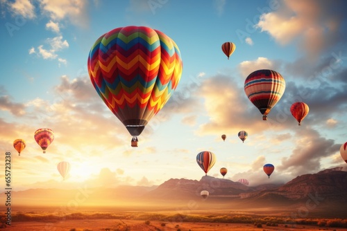 A captivating image of a group of hot air balloons soaring through the sky. Perfect for travel brochures, adventure websites, or promoting outdoor activities. © Fotograf