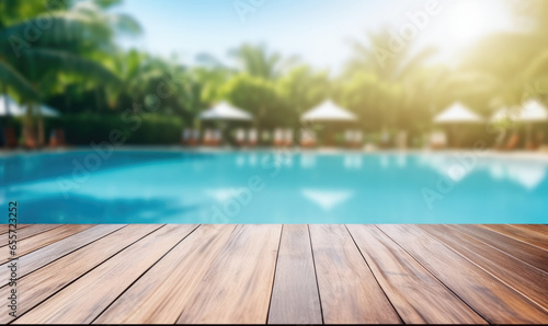 Empty wooden table with blurred swimming pool background. Table top product display showcase stage. Image ready for montage your text or product.  © Victor