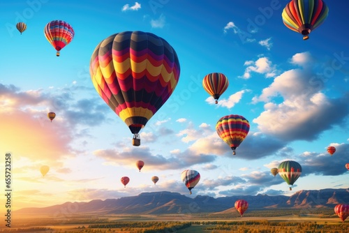 A group of hot air balloons flying in the sky. Perfect for travel and adventure themes. © Fotograf