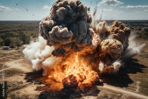 A powerful explosion of smoke and fire occurring in a vast open field. This dramatic image captures the intensity and impact of the explosion. Perfect for illustrating concepts such as danger, destruc