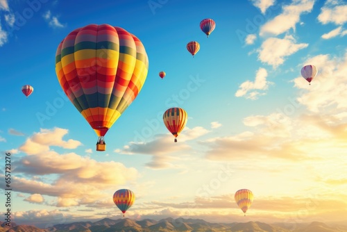Colorful hot air balloons soaring through the sky. Perfect for travel and adventure concepts. © Fotograf