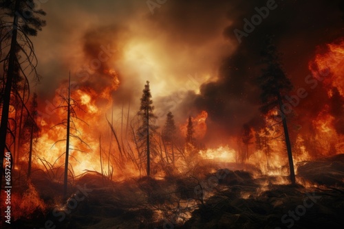 A raging forest fire illuminates the night sky. This image can be used to depict the destructive force of wildfires and the urgency of fire prevention and control efforts.