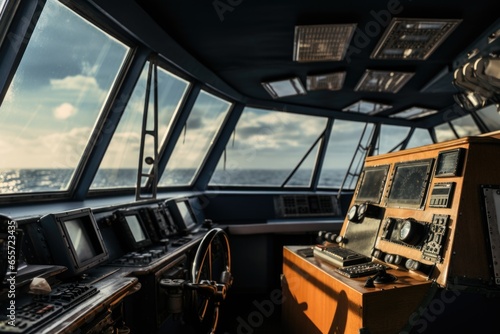 A view of a control room from a boat. This image captures the interior of a boat's control room, showing the various instruments and controls used to navigate and operate the vessel. Perfect for illus
