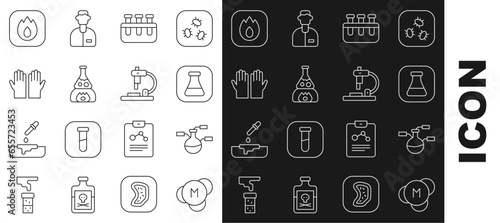 Set line Molecule, Test tube and flask, on fire, Medical rubber gloves, Fire flame and Microscope icon. Vector
