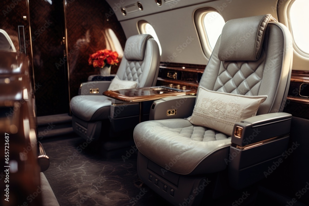 Two seats placed in an airplane cabin. Suitable for travel-related designs and concepts.