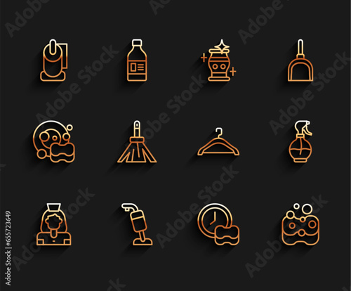 Set line Cleaning lady service, Vacuum cleaner, Toilet paper roll, Washing dishes, Sponge, Handle broom, Water spray bottle and Hanger wardrobe icon. Vector