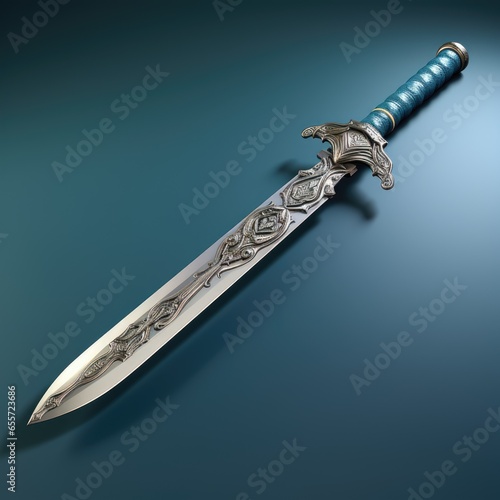 silver witcher sword 3d render graphics, 3d icons for web design, icons on an isolated background with copy space, gradient, glossy style for buttons and interface