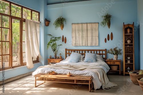 A tranquil bedroom designed according to the South - East Vastu Dosh remedies, pale blue walls painted with organic paints
