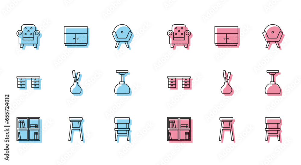 Set line Shelf with books, Chair, Armchair, Vase, Lamp hanging, Office desk and Wardrobe icon. Vector Set line Shelf with books, Chair, Armchair, Vase, Lamp hanging, Office desk and Wardrobe icon. Vector