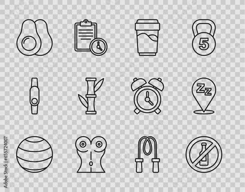 Set line Fitness ball, No alcohol, Glass with water, Women waist, Avocado fruit, Bamboo, Jump rope and Sleepy icon. Vector