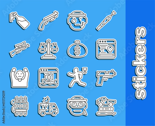 Set line Car theft, Pistol or gun, System bug, Bandit, Scales of justice, Sniper rifle with scope, Cocktail molotov and Money bag icon. Vector