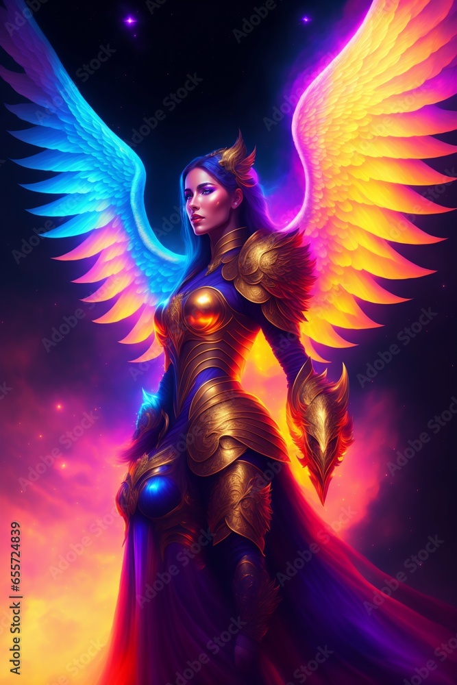 fairy with magic wand This is a very highly detailed epic photo of a white female angel with big wings, a beautiful face, and a symmetrical, muscular body wearing a dragon armor with wings .