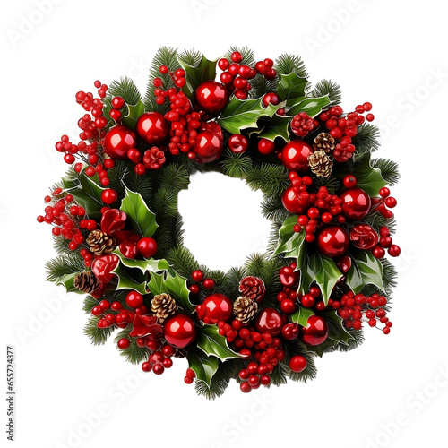 Christmas wreath with holly berries and pine cones, Joyful Christmas Wreaths: Festive Decorations in a Clean White Background. Celebrate, Wreaths photo