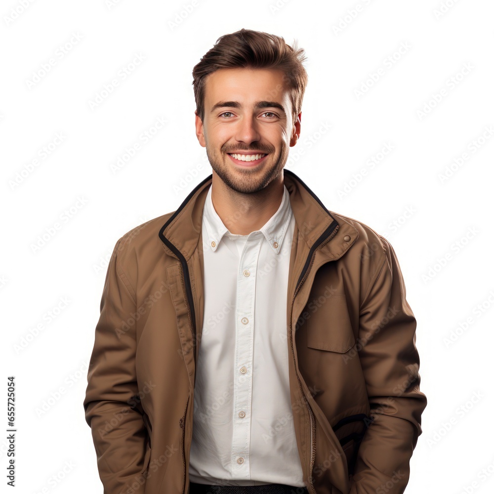 Cheerful Caucasian Man Dressed in Jacket and Shirt Smiling, No Background Cheerful Caucasian Man Dressed in Jacket and Shirt Smiling, No Background