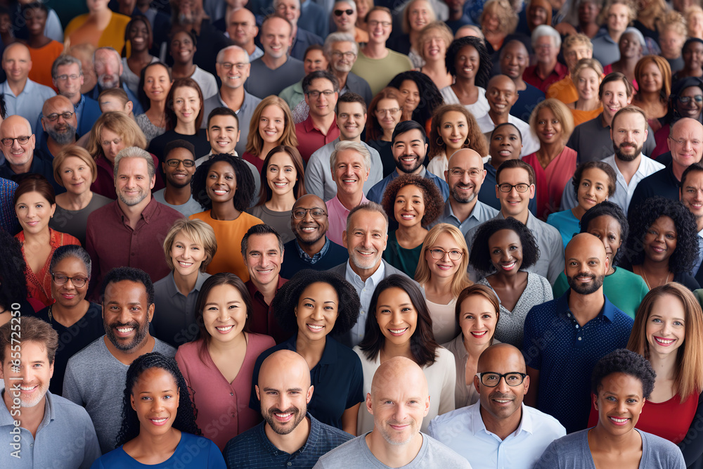 Multi ethnic people of different age looking at camera. Large group of multiracial business people posing and smiling. - obrazy, fototapety, plakaty 