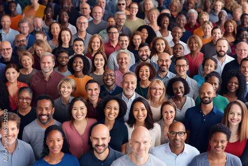 Multi ethnic people of different age looking at camera. Large group of multiracial business people posing and smiling. photo