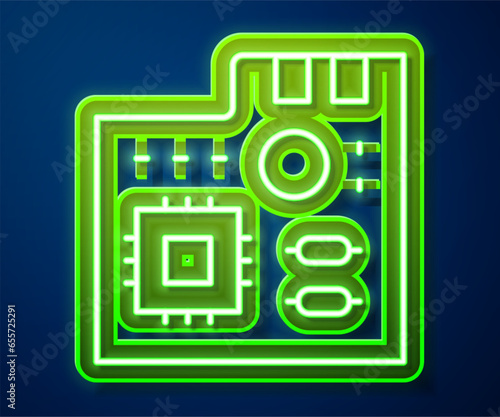 Glowing neon line Electronic computer components motherboard digital chip integrated science icon isolated on blue background. Circuit board. Vector