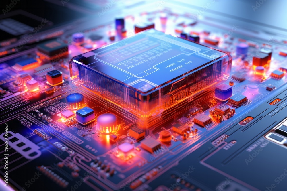 Circuit board with holographic code elements, Generative AI Circuit board with holographic code elements, Generative AI