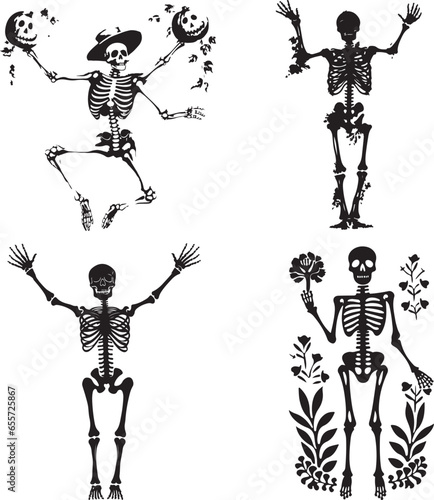Human bones skeletons. Different skeleton posing  isolated set on white background vector illustration silhouette
