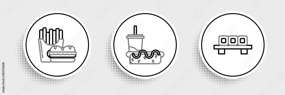 Set line Sushi on cutting board, Burger and french fries carton package box and Paper glass with drinking straw hotdog icon. Vector Set line Sushi on cutting board, Burger and french fries carton package box and Paper glass with drinking straw hotdog icon. Vector