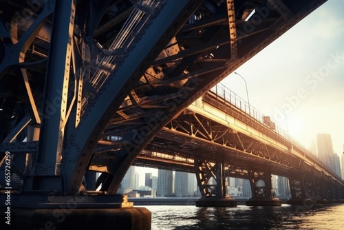 A picturesque bridge spans across a tranquil body of water, with a vibrant cityscape in the background. Perfect for showcasing urban landscapes and city architecture.