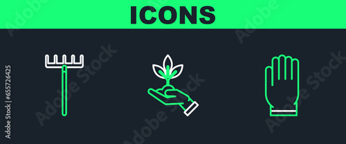 Set line Garden gloves, rake and Plant in hand of environmental protection icon. Vector