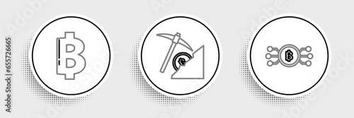 Set line Cryptocurrency bitcoin in circle with microchip circuit, Bitcoin and cloud mining icon. Vector