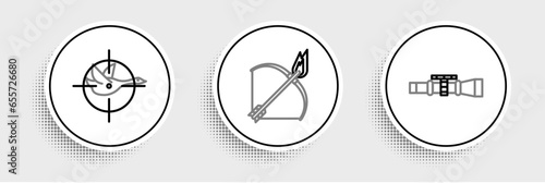 Set line Sniper optical sight, Hunt on duck with crosshairs and Bow and fire arrow icon. Vector