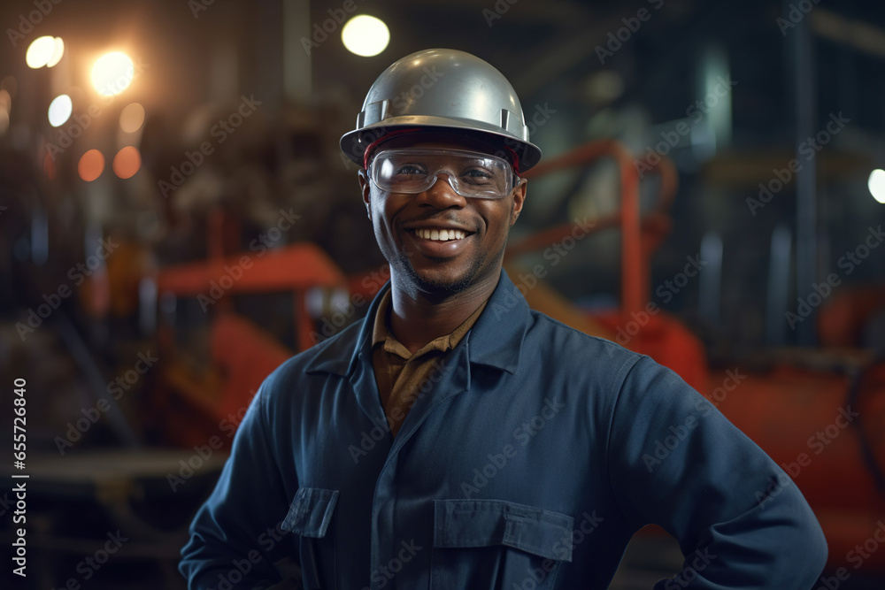Portrait of happy African-American worker in industrial factory. Smiling afro-american man in safety helmet and goggles.