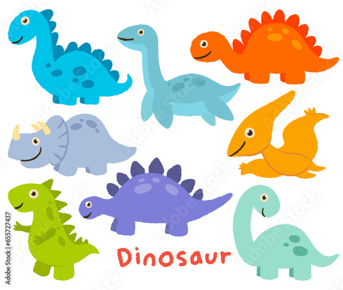 Cartoon dinosaur vector illustration. Set of dinosaurs drawing in crayon hand drawn style. Cute dinosaur in children drawing style. Set of funny cartoon dinosaur