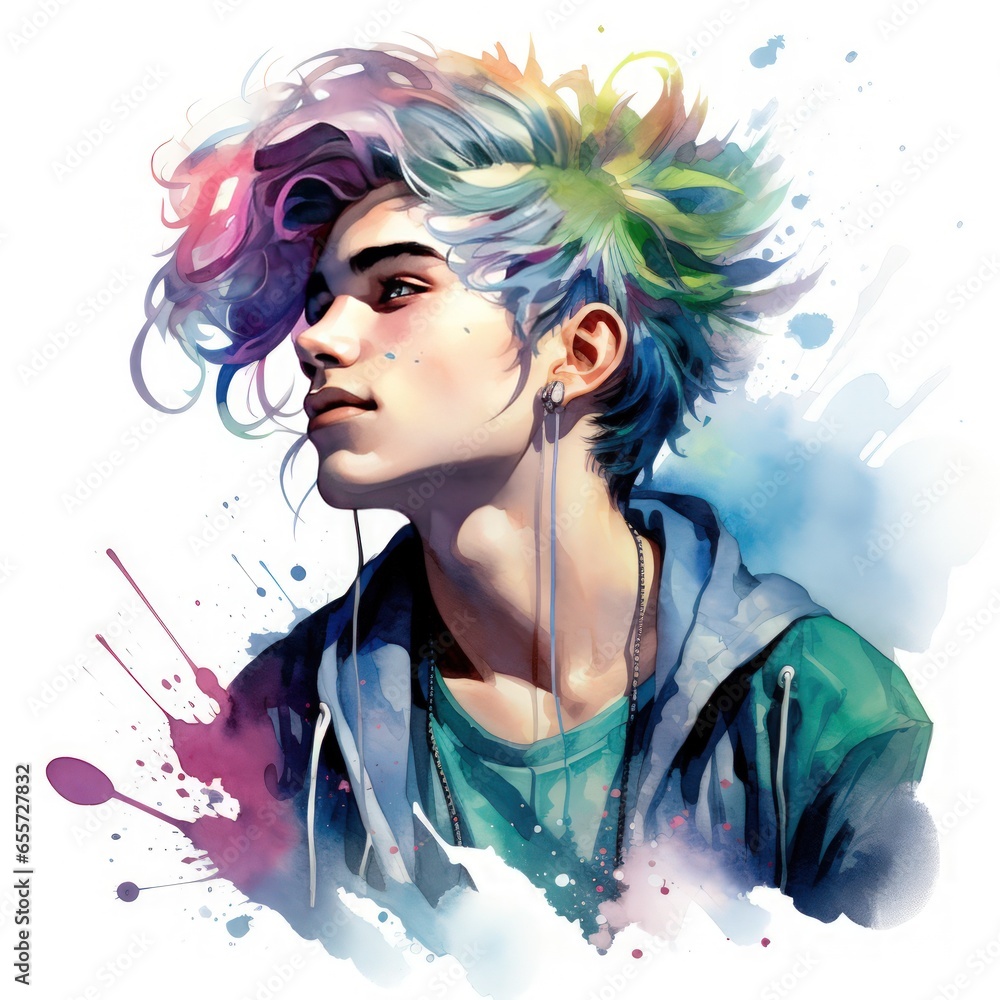 Fototapeta premium Celebrate Rebellion and Creativity with Watercolor Clipart of Funky Haired High School Boy Teenage