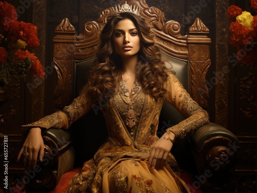 Regal Opulence Celebrated with Indian Queen Seated in Splendid Armchair Exuding Dignity and Beauty