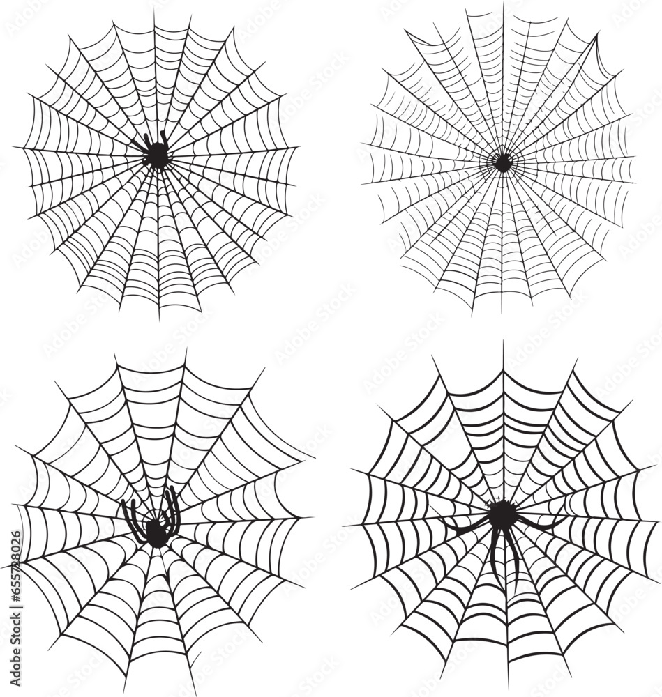 Spooky Halloween Spider web set collection isolated on white background Outline vector illustration - obrazy, fototapety, plakaty 