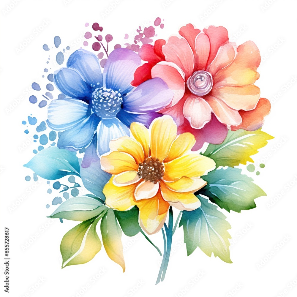 Watercolor flower bouquet, bright rainbow illustration on a white background