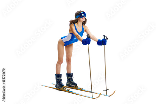 Sportive, slim lady wear vintage blue swimsuit in protective mask, sunglasses stand on skis down mountains isolated white studio background. photo