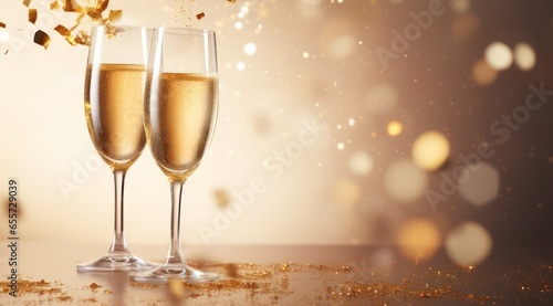 Floating Champagne Glasses with Golden Confetti, Minimalist Soft Colored Bright Background