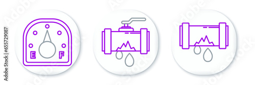 Set line Broken metal pipe with leaking water, Motor gas gauge and icon. Vector