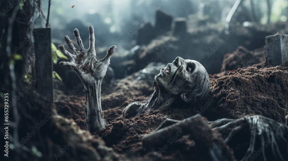 Eerie Reanimation: Zombie Hands Creep from Graves, Generative AI