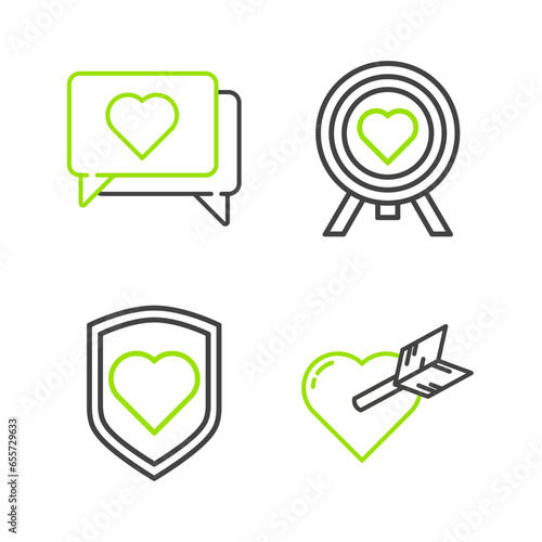 Set line Amour with heart and arrow, Heart shield, in the center of darts target aim and Like icon. Vector