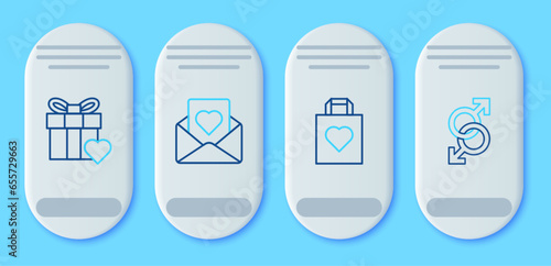 Set line Envelope with heart, Shopping bag, Gift box and and Male gender symbol icon. Vector