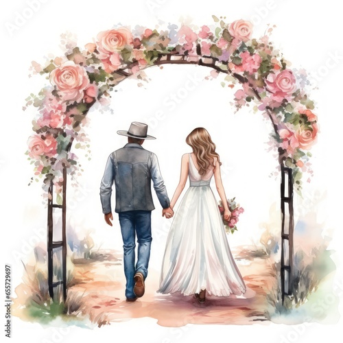 Cowgirl and Cowboy Holding Hands Under Flower-Covered Arch in Charming Watercolor Clipart
